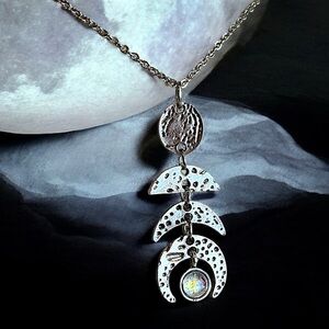 Silver toned Crescent Moon Phases Pendant Necklace Choker 15.5”